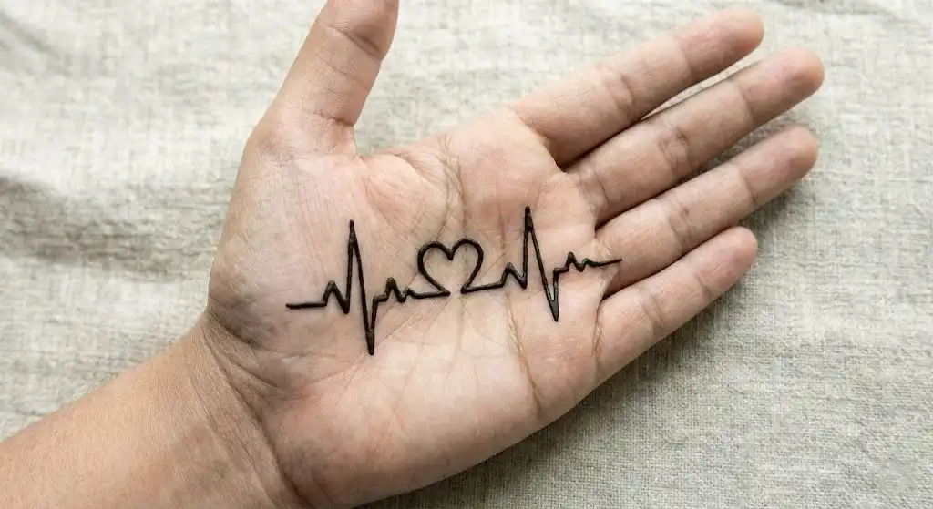 19+ Best Easy Front Hand Mehndi Designs (Step-by-Step) 11 Cute and simple heartbeat ECG line with a heart shape drawn in henna on the palm.