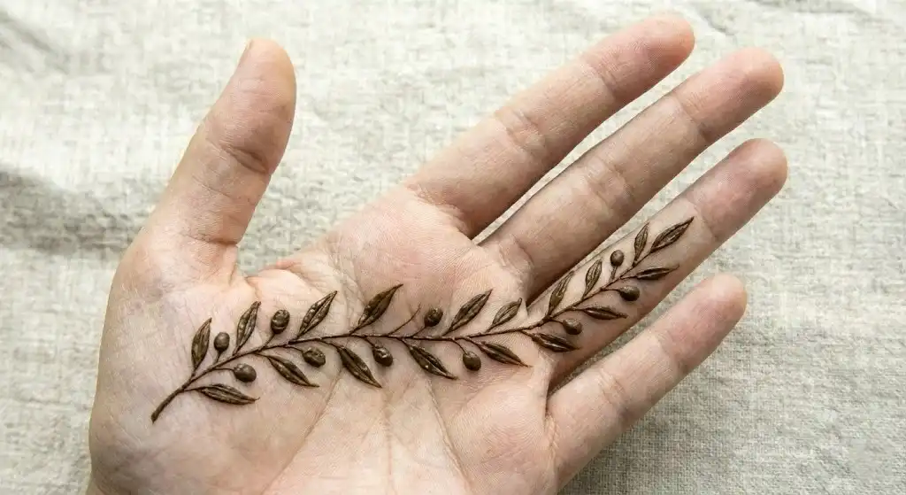 19+ Best Easy Front Hand Mehndi Designs (Step-by-Step) 14 Simple horizontal leafy branch vine crossing the palm from left to right.
