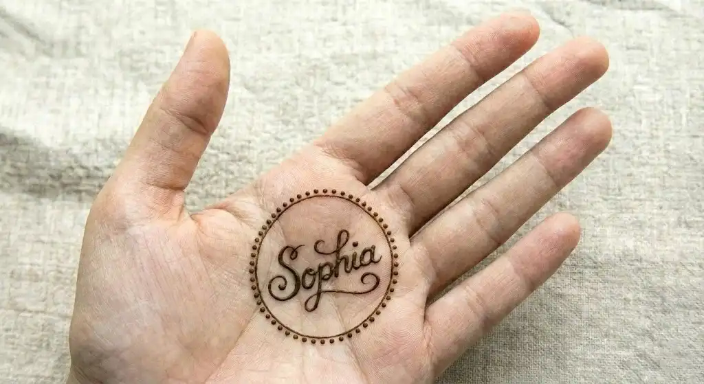 19+ Best Easy Front Hand Mehndi Designs (Step-by-Step) 16 Custom calligraphy name art in henna surrounded by a dotted circle frame.