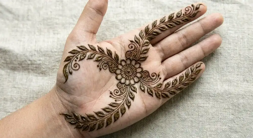 19+ Best Easy Front Hand Mehndi Designs (Step-by-Step) 19 Two crossed floral vines forming a large X shape in the center of the front hand.