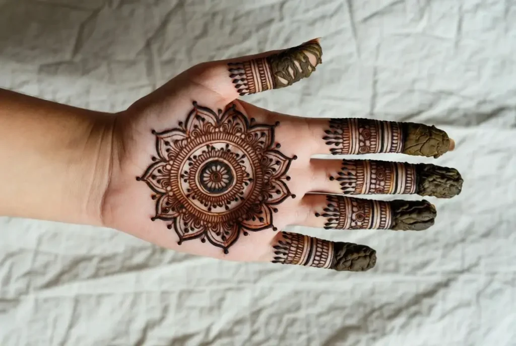 19+ Best Easy Front Hand Mehndi Designs (Step-by-Step) 2 Simple round floral mandala mehndi design in center of palm with dark capped fingertips for beginners.