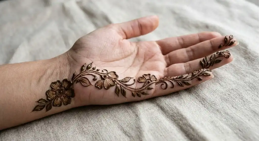 19+ Best Easy Front Hand Mehndi Designs (Step-by-Step) 6 Elegant side palm mehndi vine running along the outer edge from wrist to pinky finger.
