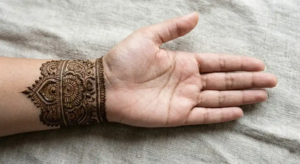 19+ Best Easy Front Hand Mehndi Designs (Step-by-Step) 7 Thick wristband henna design resembling a heavy bracelet with traditional patterns on the front hand.
