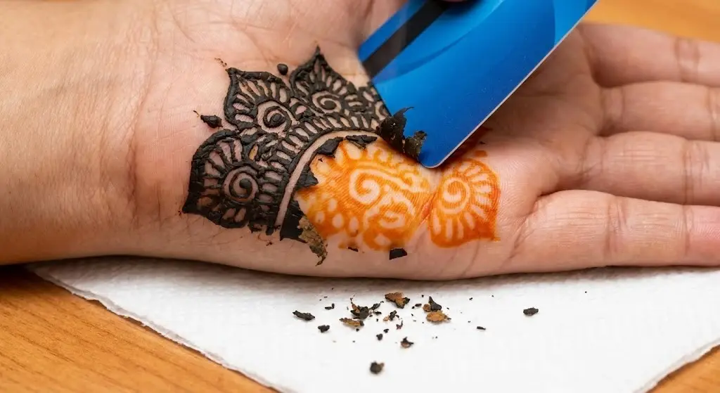 How to Make Mehndi Darker Naturally: 7 Secret Tips That Work 4 Scraping dried henna paste off the skin using a card instead of washing it with water.