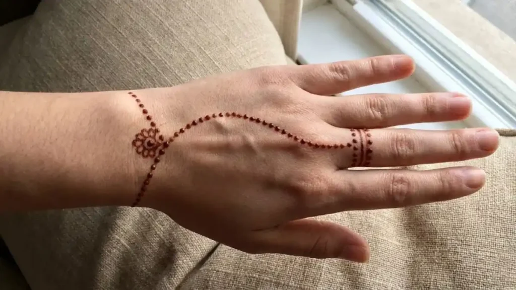20 Stylish and Simple Back Hand Mehndi Designs 2 Simple jewelry style henna chain design connecting wrist to middle finger on the back of the hand.
