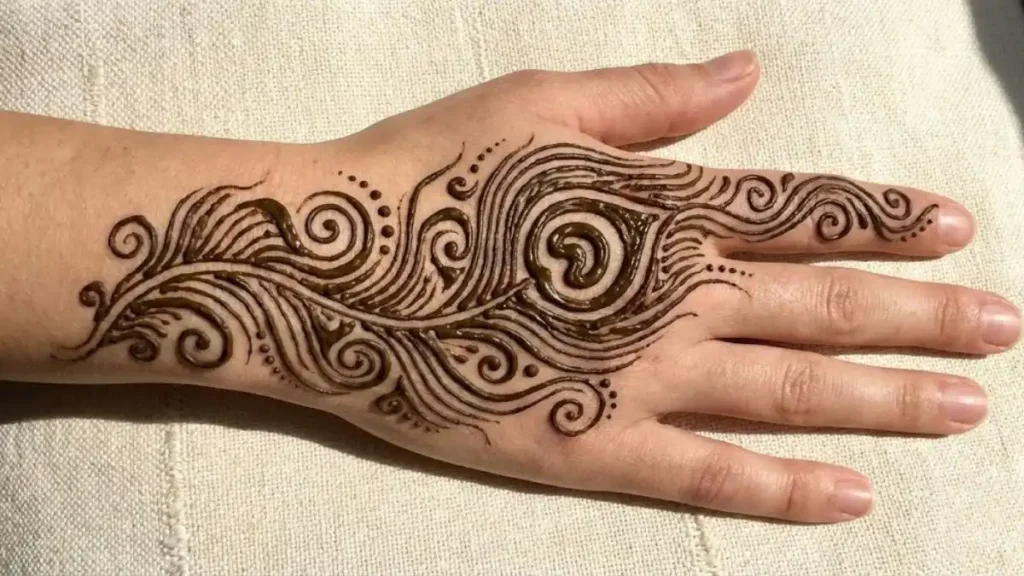 20 Stylish and Simple Back Hand Mehndi Designs 17 Abstract single stylized peacock feather henna design on the back hand.