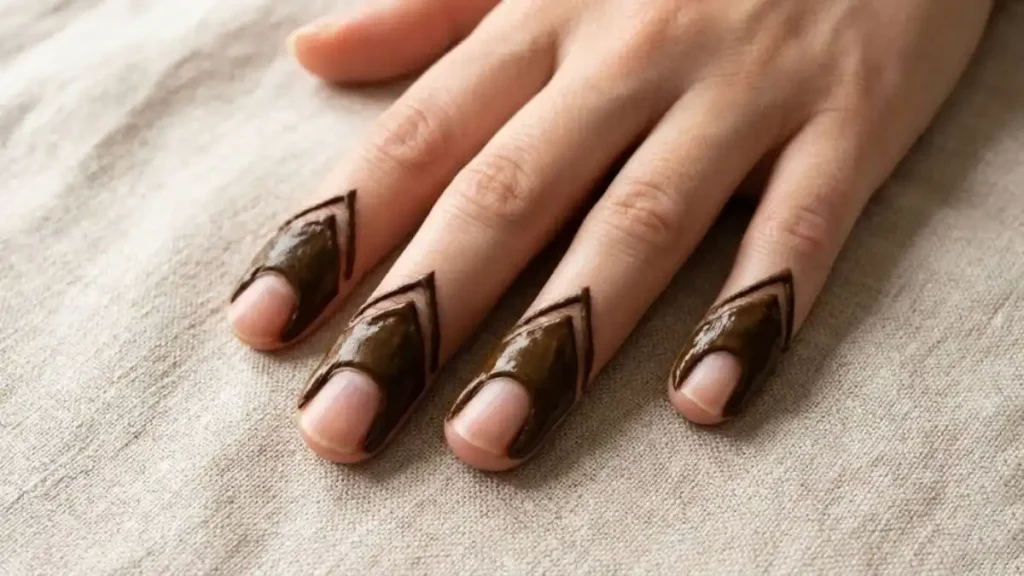 20 Stylish and Simple Back Hand Mehndi Designs 21 Modern V-shape solid henna capping on the back of the fingertips.
