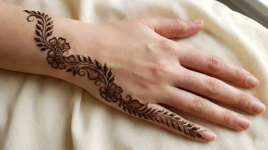 20 Stylish and Simple Back Hand Mehndi Designs 8 Side sweep floral mehndi vine along the outer edge of the back hand.